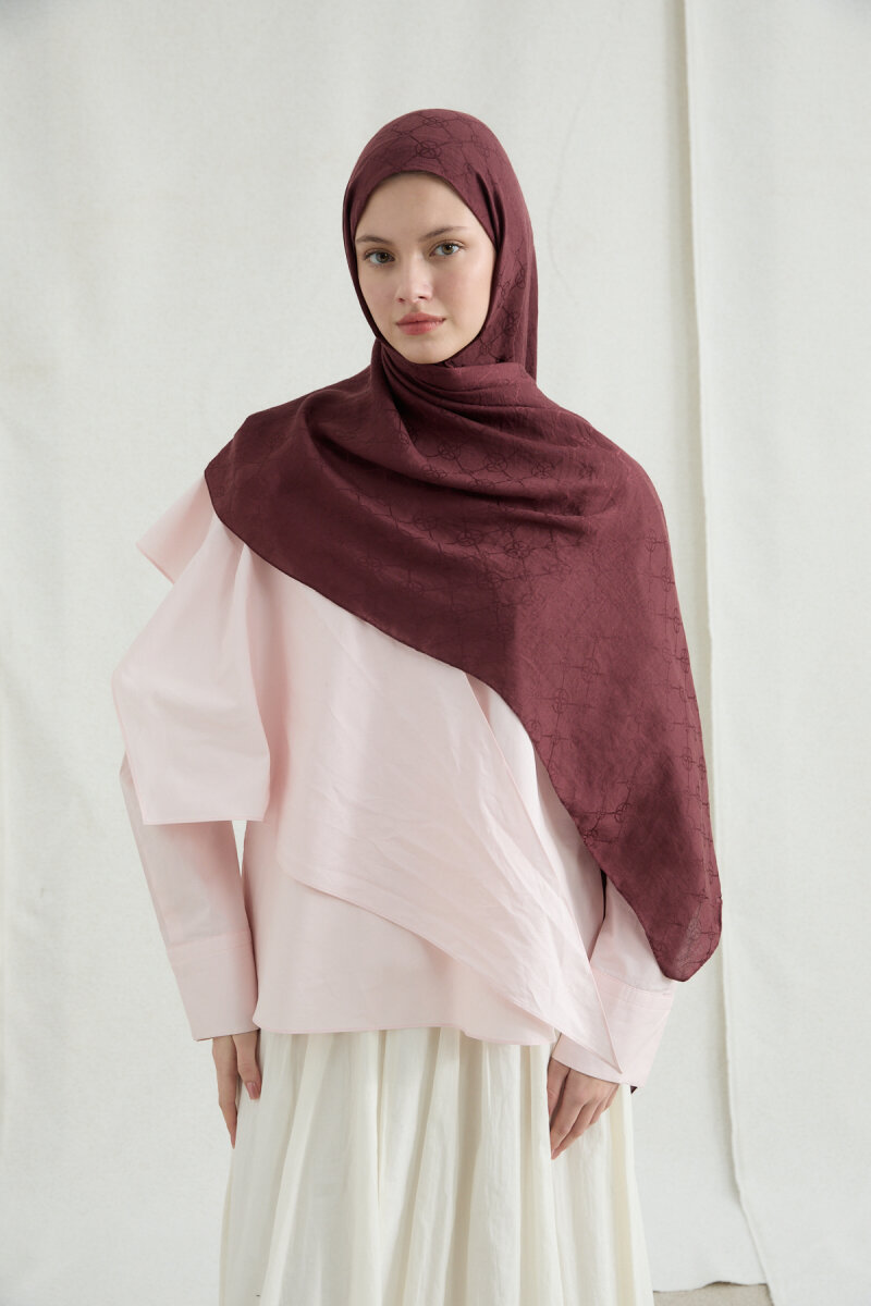 İtalyan Jakar Şal Monogram Desen - Cherry - 1