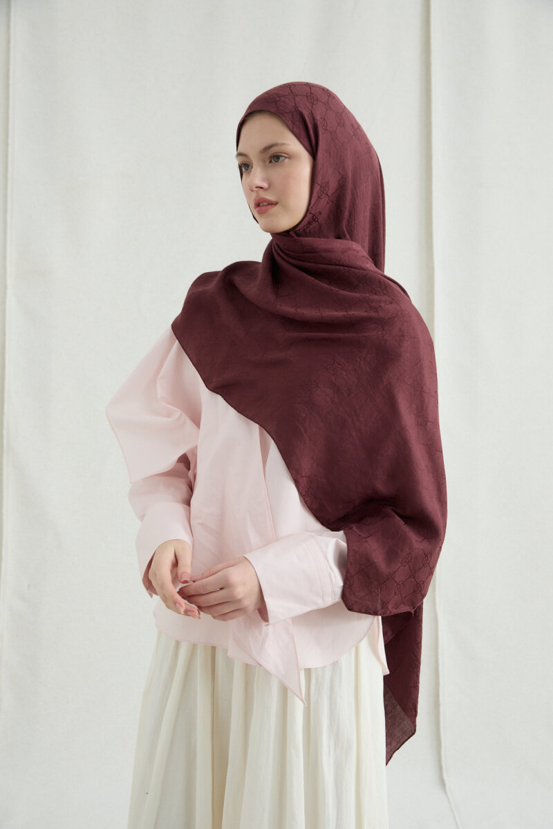 İtalyan Jakar Şal Monogram Desen - Cherry - 2