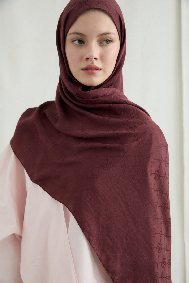 İtalyan Jakar Şal Monogram Desen - Cherry - 3