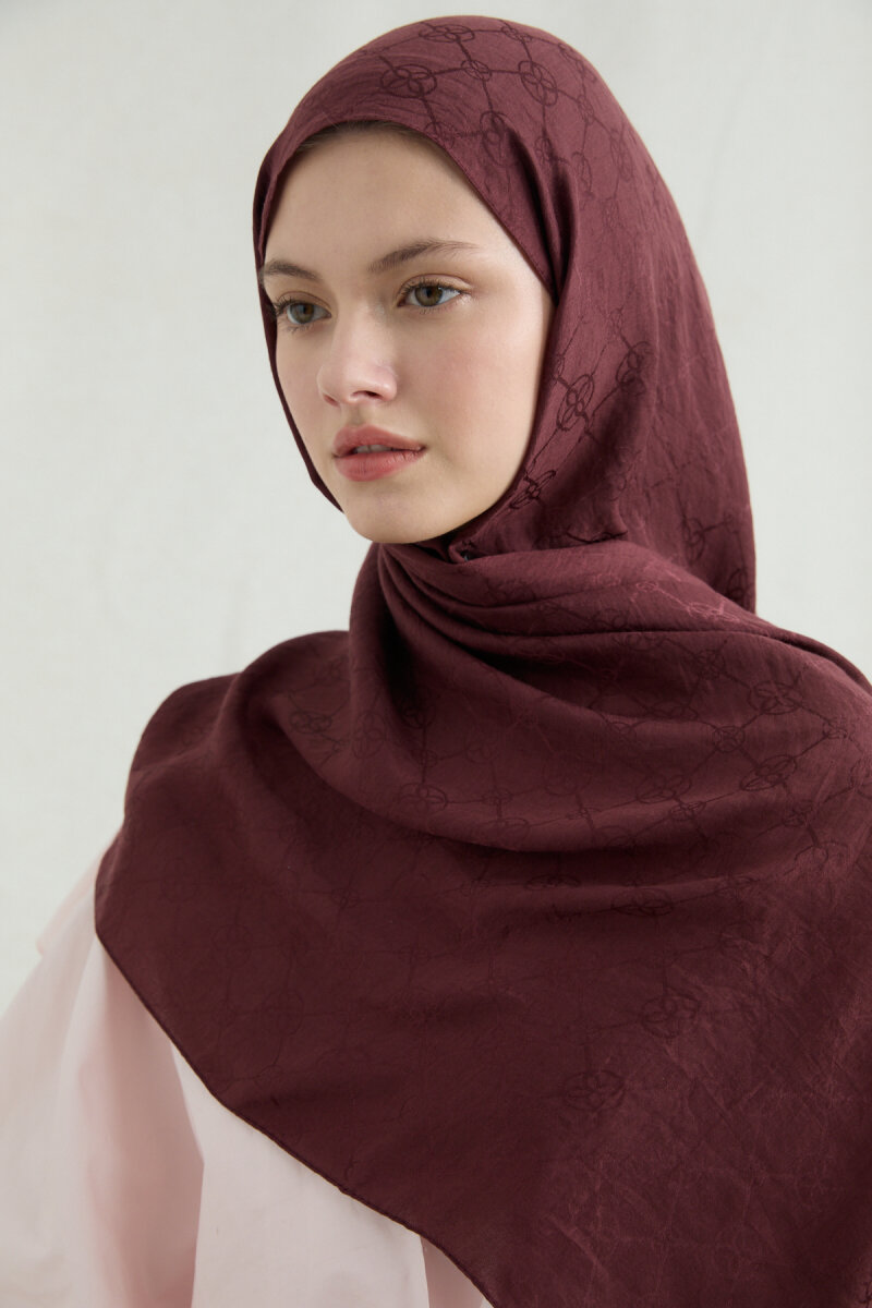 İtalyan Jakar Şal Monogram Desen - Cherry - 4