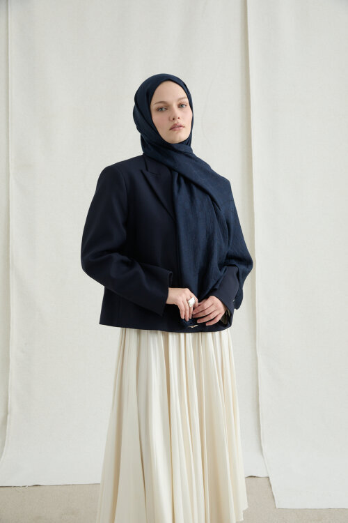 İtalyan Jakar Şal Monogram Desen - Lacivert - Camellia Scarfs