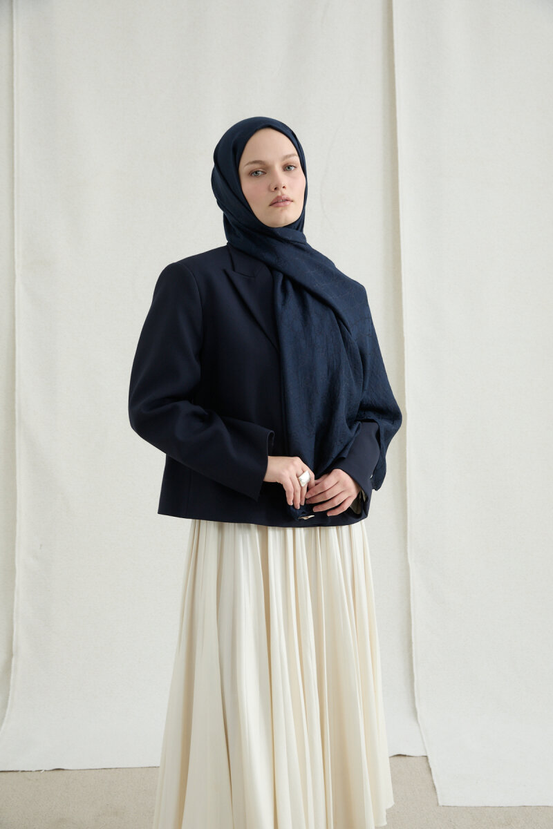 İtalyan Jakar Şal Monogram Desen - Lacivert - 1