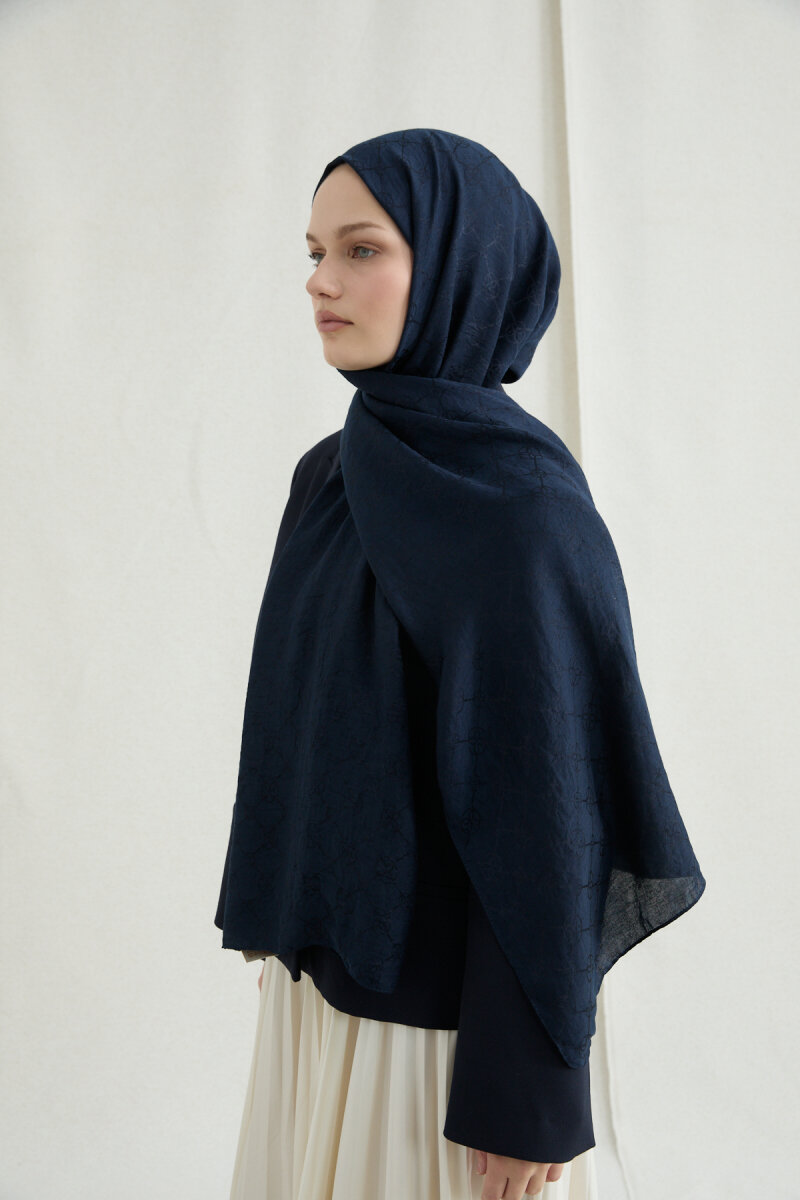 İtalyan Jakar Şal Monogram Desen - Lacivert - 2