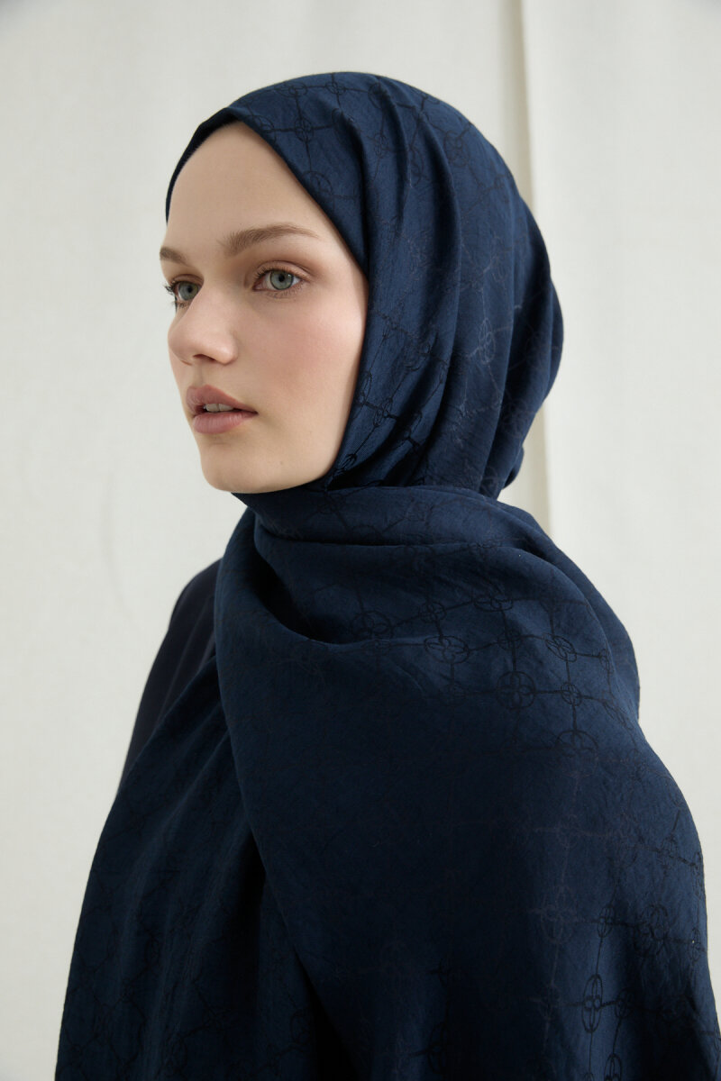 İtalyan Jakar Şal Monogram Desen - Lacivert - 4