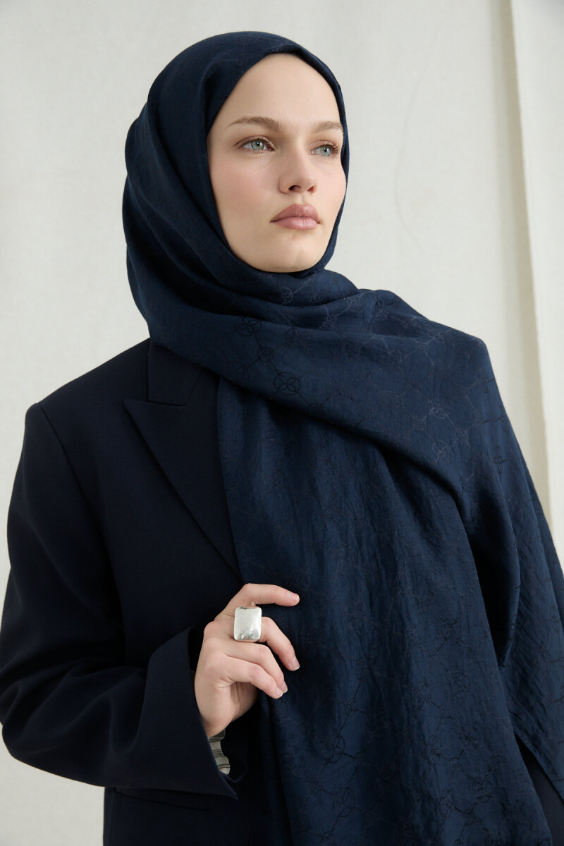 İtalyan Jakar Şal Monogram Desen - Lacivert - 3