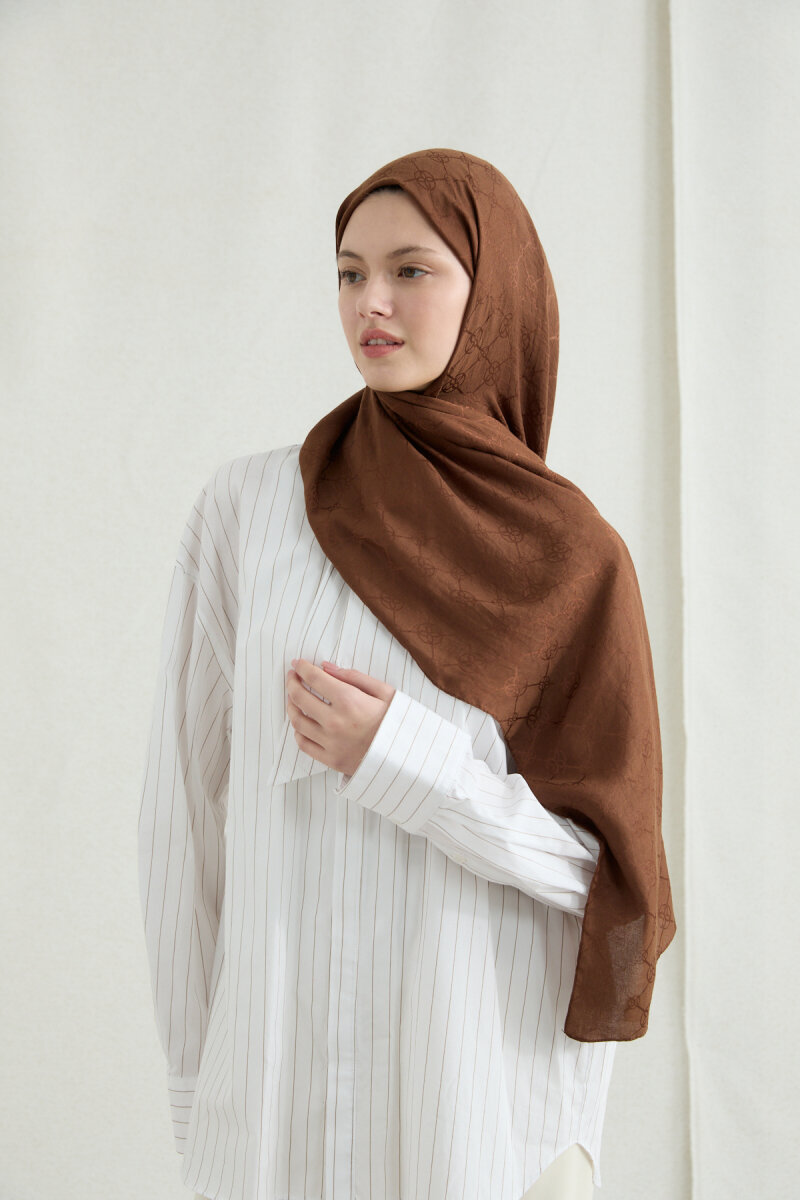 İtalyan Jakar Şal Monogram Desen - Sıcak Kahve - 3