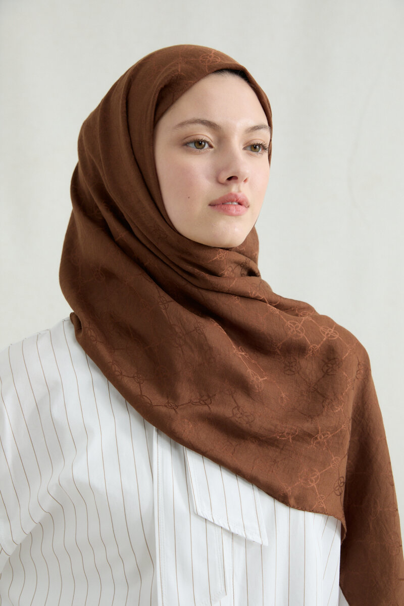 İtalyan Jakar Şal Monogram Desen - Sıcak Kahve - 4