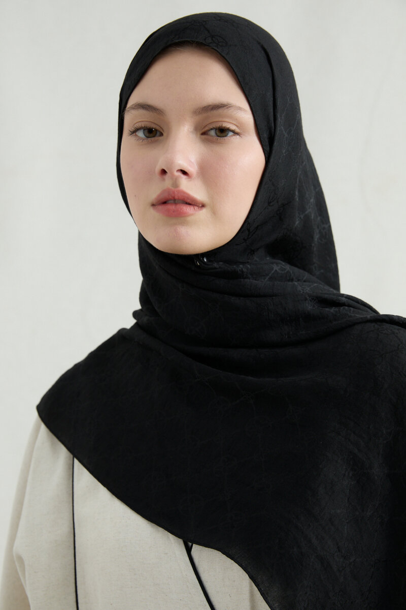 İtalyan Jakar Şal Monogram Desen - Siyah - 4