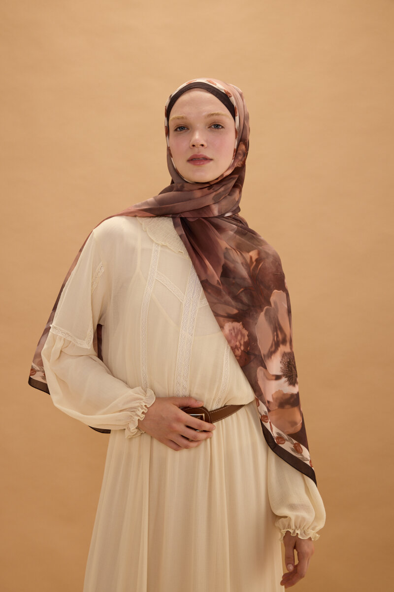 Larissa İpek Krep Şal - Koyu Kahve - 1