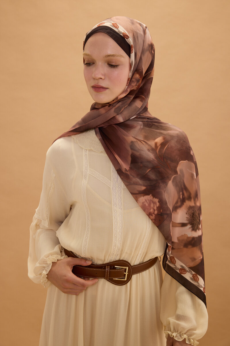 Larissa İpek Krep Şal - Koyu Kahve - 3