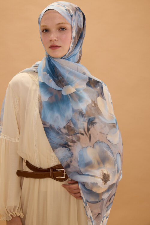 Larissa İpek Krep Şal - Mavi - Camellia Scarfs (1)