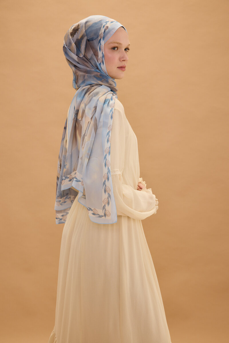 Larissa İpek Krep Şal - Mavi - 1