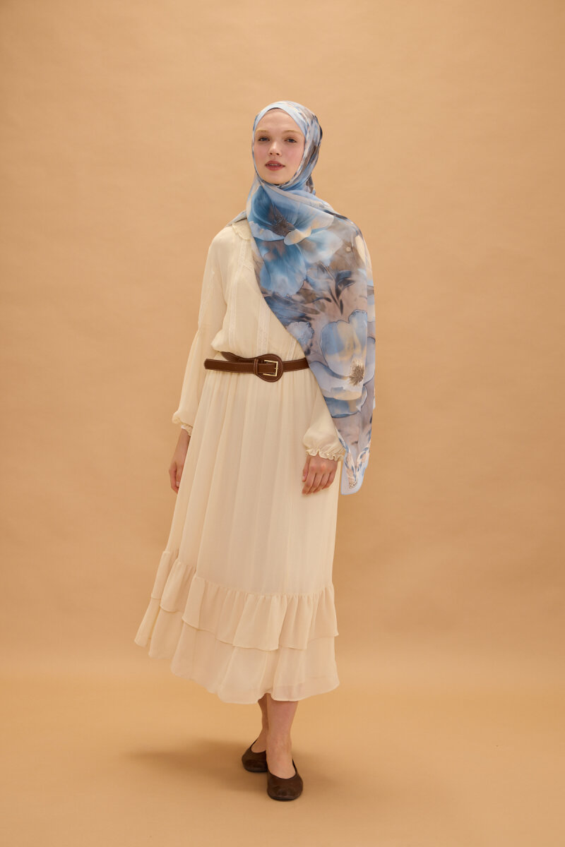 Larissa İpek Krep Şal - Mavi - 4