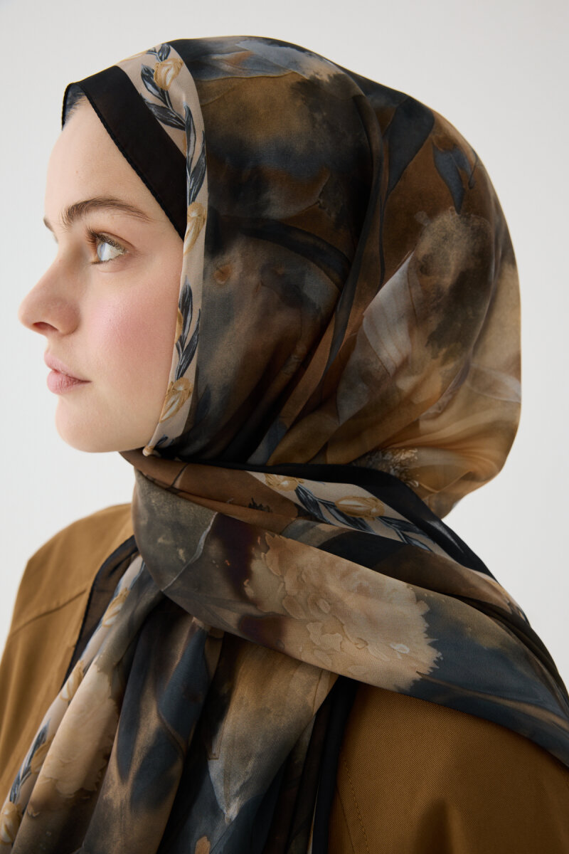 Larissa İpek Krep Şal - Siyah Bej - 4