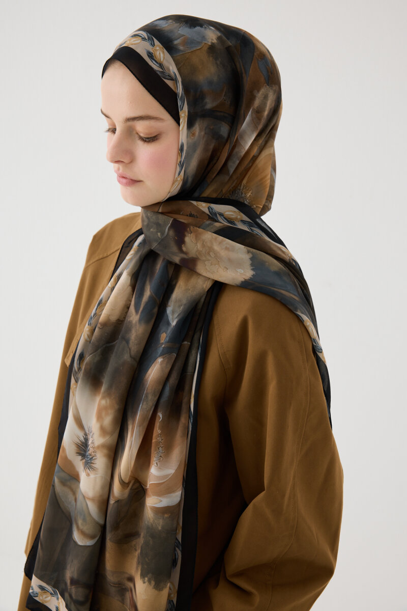 Larissa İpek Krep Şal - Siyah Bej - 3