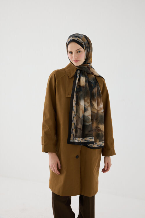 Larissa İpek Krep Şal - Siyah Bej - Camellia Scarfs