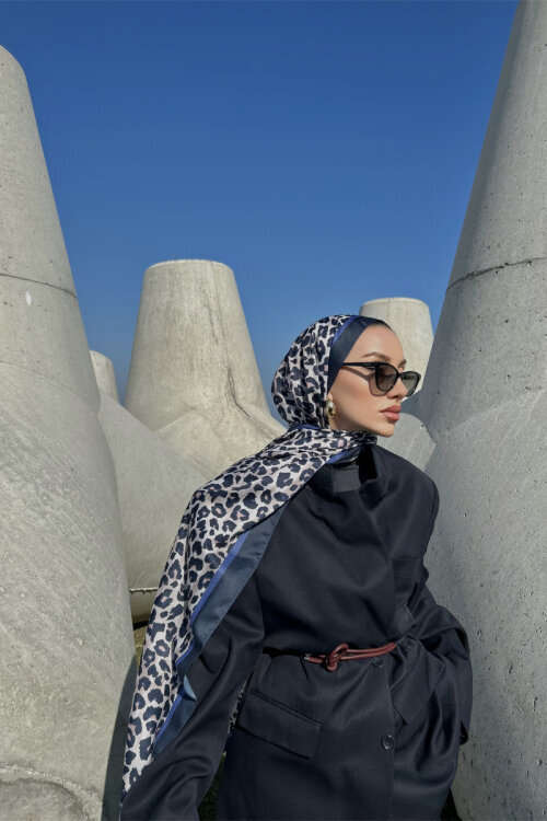 Leopar Desen Soft Şal - Lacivert - Camellia Scarfs (1)