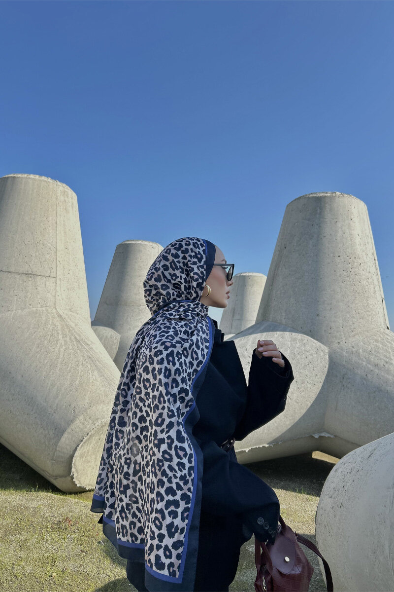 Leopar Desen Soft Şal - Lacivert - 3