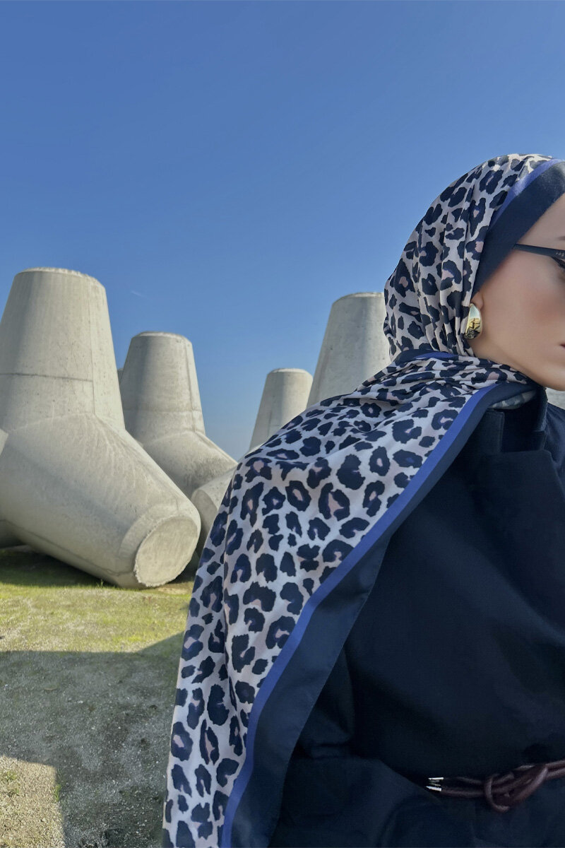Leopar Desen Soft Şal - Lacivert - 4