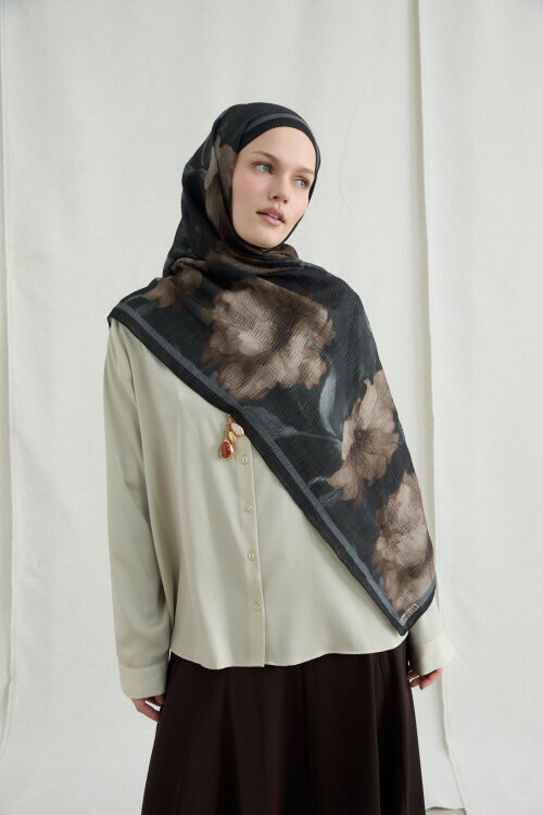 Libre Müslin Şal - Siyah Bej - Camellia Scarfs