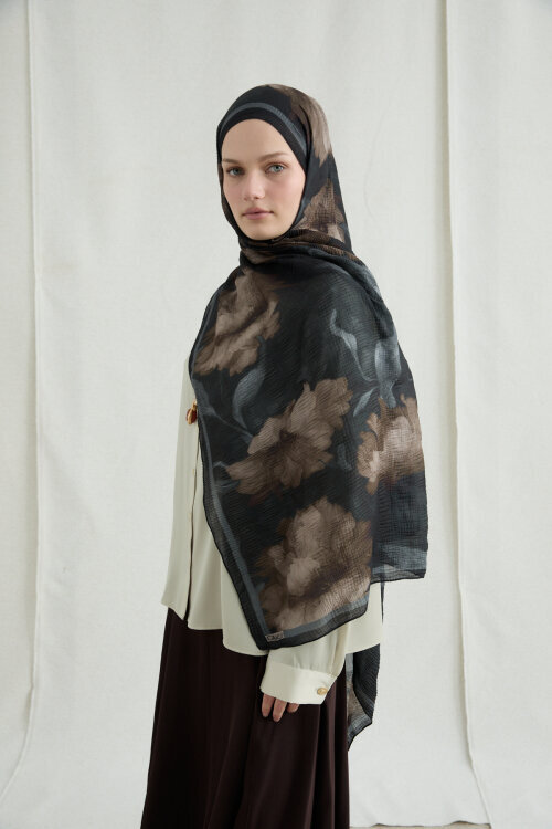 Libre Müslin Şal - Siyah Bej - Camellia Scarfs (1)