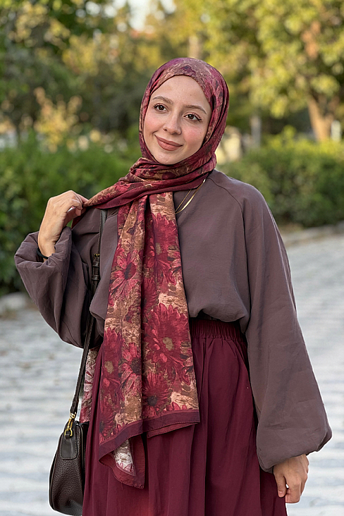 Lisa Pamuk Viskon Şal - Bordo Bej - Camellia Scarfs (1)