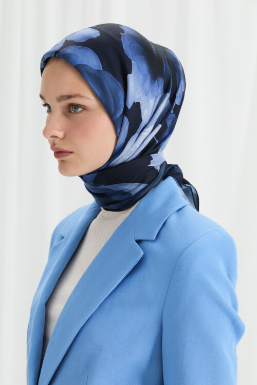 Lotus Desen Soft Eşarp -Lacivert - Camellia Scarfs