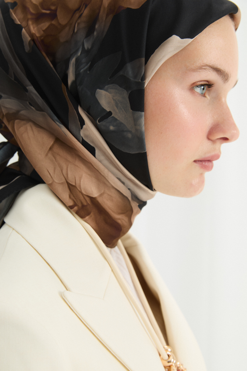 Lotus Desen Soft Eşarp - Siyah-Bej - 4