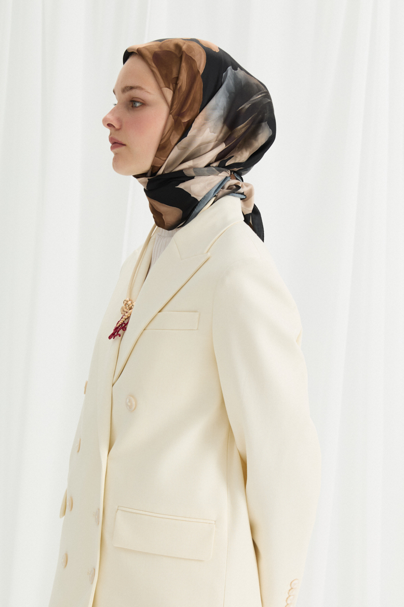 Lotus Desen Soft Eşarp - Siyah-Bej - 1