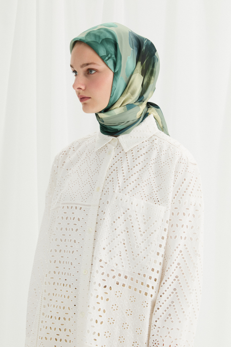 Lotus Desen Soft Eşarp -Yeşil - 1