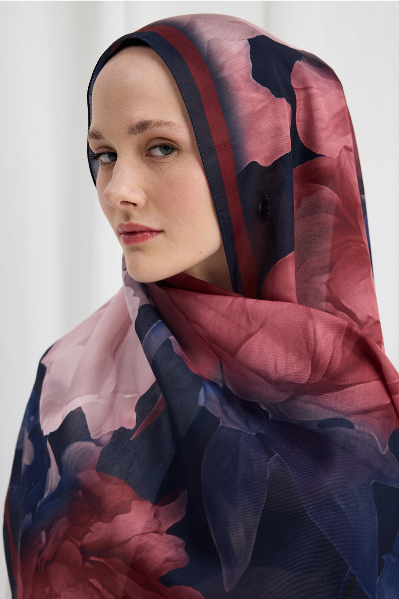 Lotus Desen Soft Şal - Lacivert / Bordo - 3