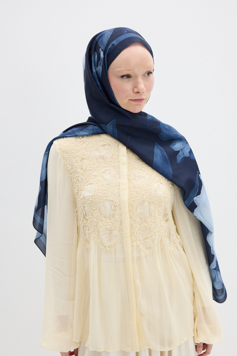 Lotus Desen Soft Şal - Lacivert - 3