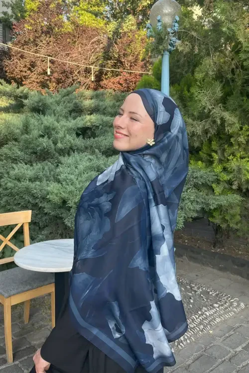 Lotus Desen Soft Şal - Lacivert 