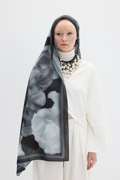 Lotus Desen Soft Şal - Siyah - Camellia Scarfs