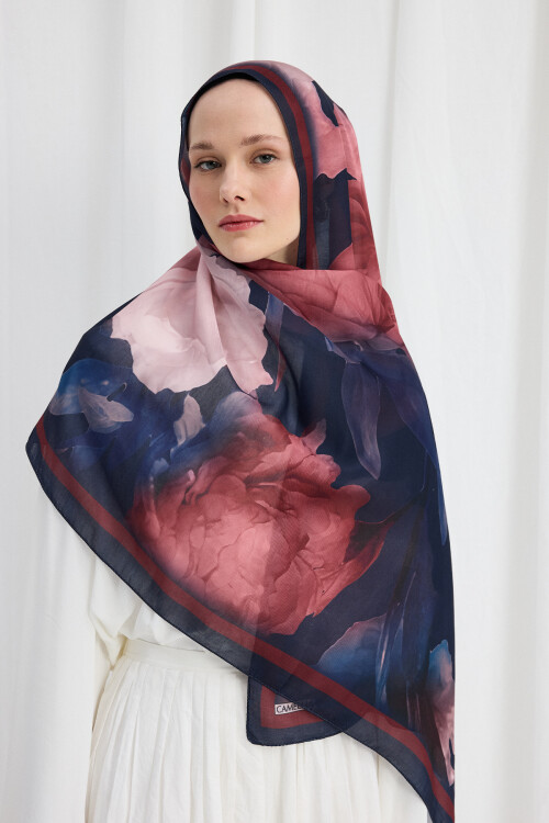 Lotus Desen Soft Şal - Lacivert / Bordo - Camellia Scarfs
