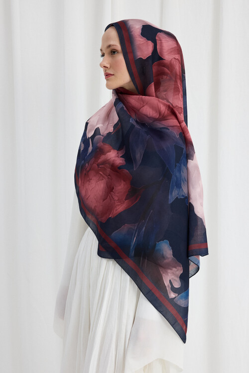Lotus Desen Soft Şal - Lacivert / Bordo - Camellia Scarfs (1)