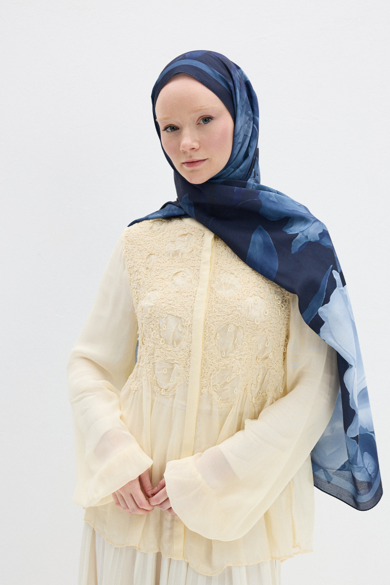 Lotus Desen Soft Şal - Lacivert - 2