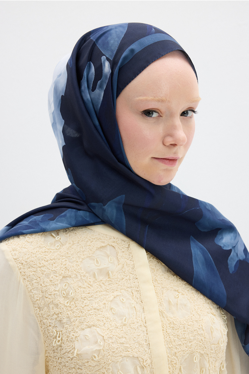 Lotus Desen Soft Şal - Lacivert - 4