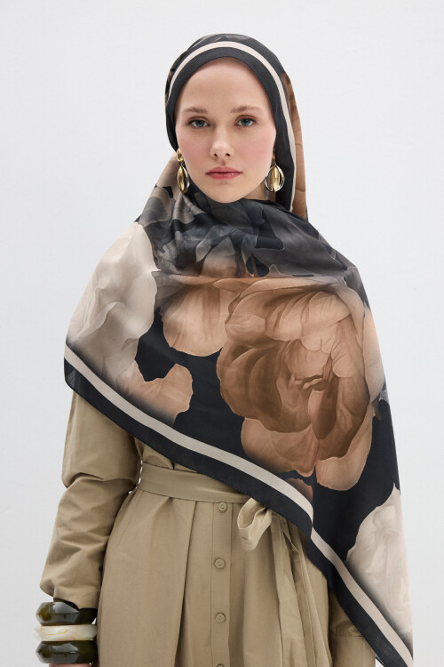 Lotus Desen Soft Şal - Siyah / Bej - Camellia Scarfs