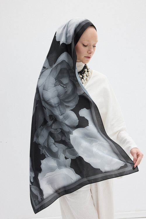 Lotus Desen Soft Şal - Siyah - Camellia Scarfs (1)
