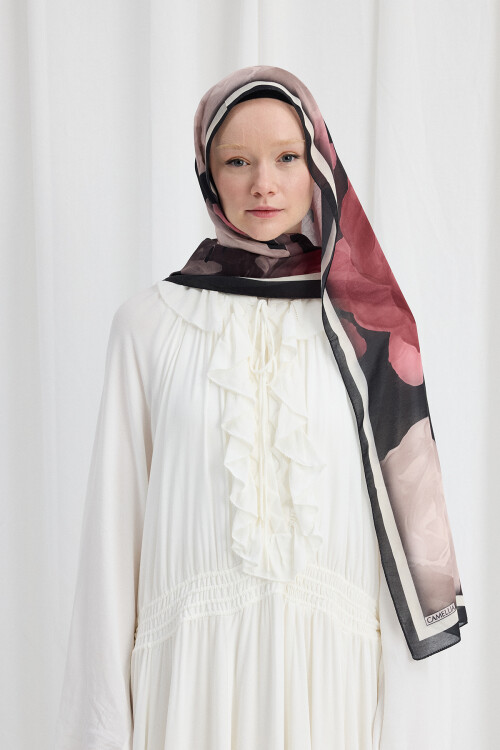 Lotus Desen Soft Şal - Siyah / Pudra - Camellia Scarfs