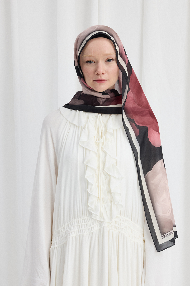 Lotus Desen Soft Şal - Siyah / Pudra - 1