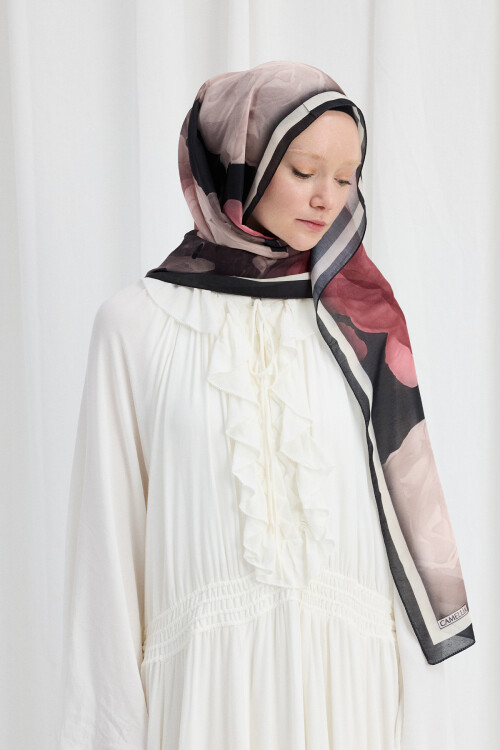Lotus Desen Soft Şal - Siyah / Pudra - Camellia Scarfs (1)