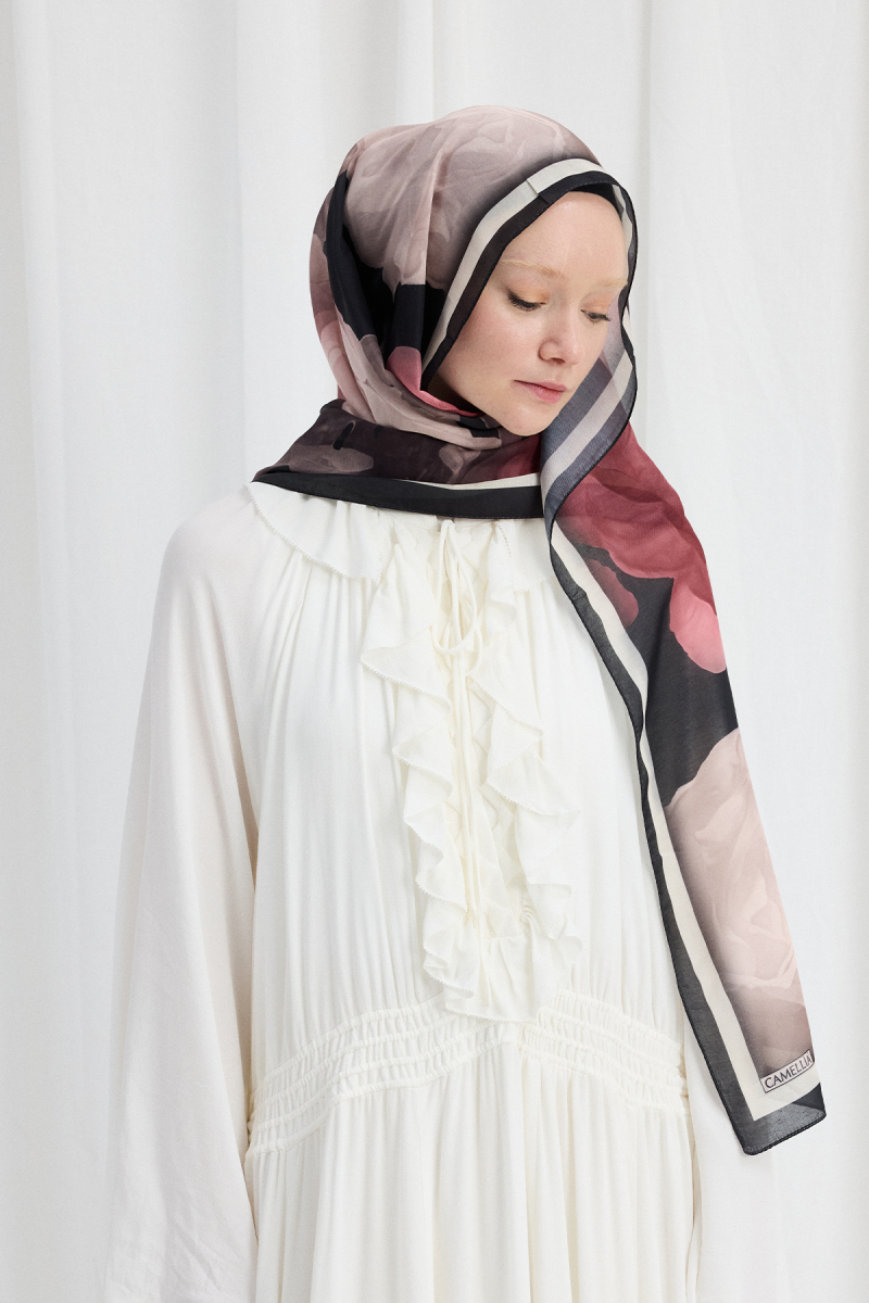 Lotus Desen Soft Şal - Siyah / Pudra - 2