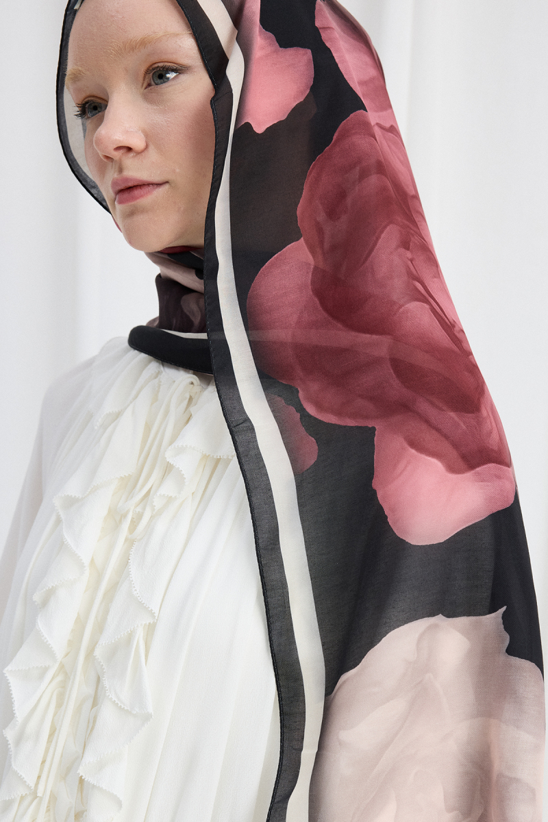 Lotus Desen Soft Şal - Siyah / Pudra - 4