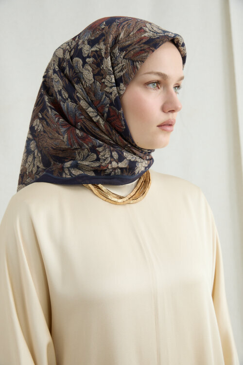 Mona Pamuk Viskon Eşarp - Lacivert Bej - Camellia Scarfs (1)