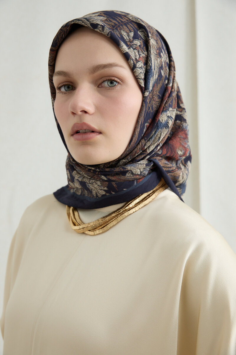 Mona Pamuk Viskon Eşarp - Lacivert Bej - 3