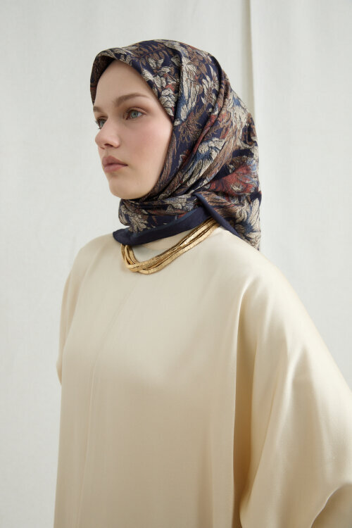 Mona Pamuk Viskon Eşarp - Lacivert Bej - Camellia Scarfs