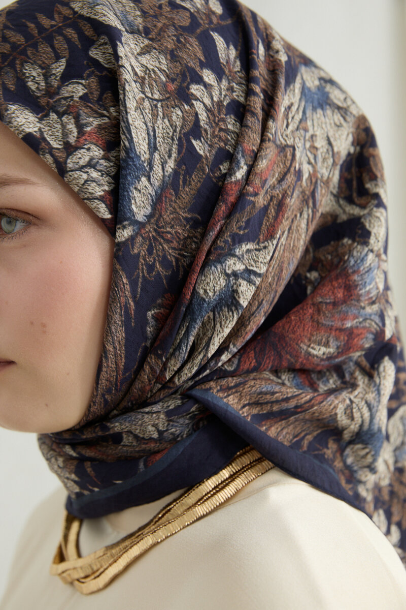 Mona Pamuk Viskon Eşarp - Lacivert Bej - 4