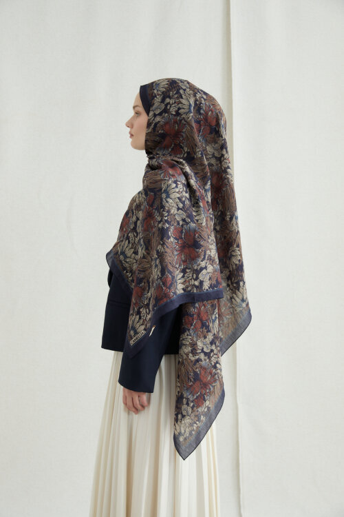 Mona Pamuk Viskon Şal - Lacivert Bej - Camellia Scarfs (1)